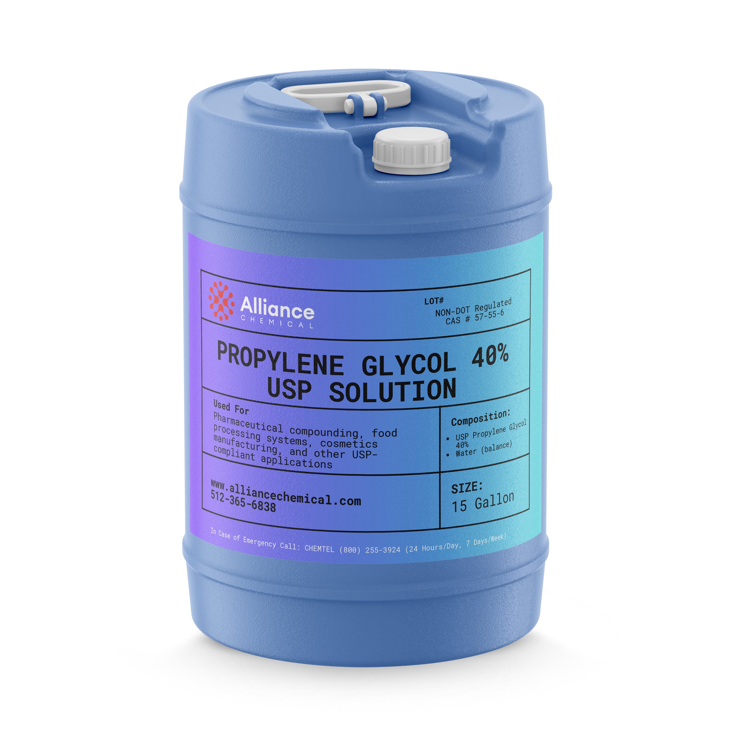 Alliance Chemical propylene glycol 40% USP grade in blue 15-gallon HDPE container with screw cap